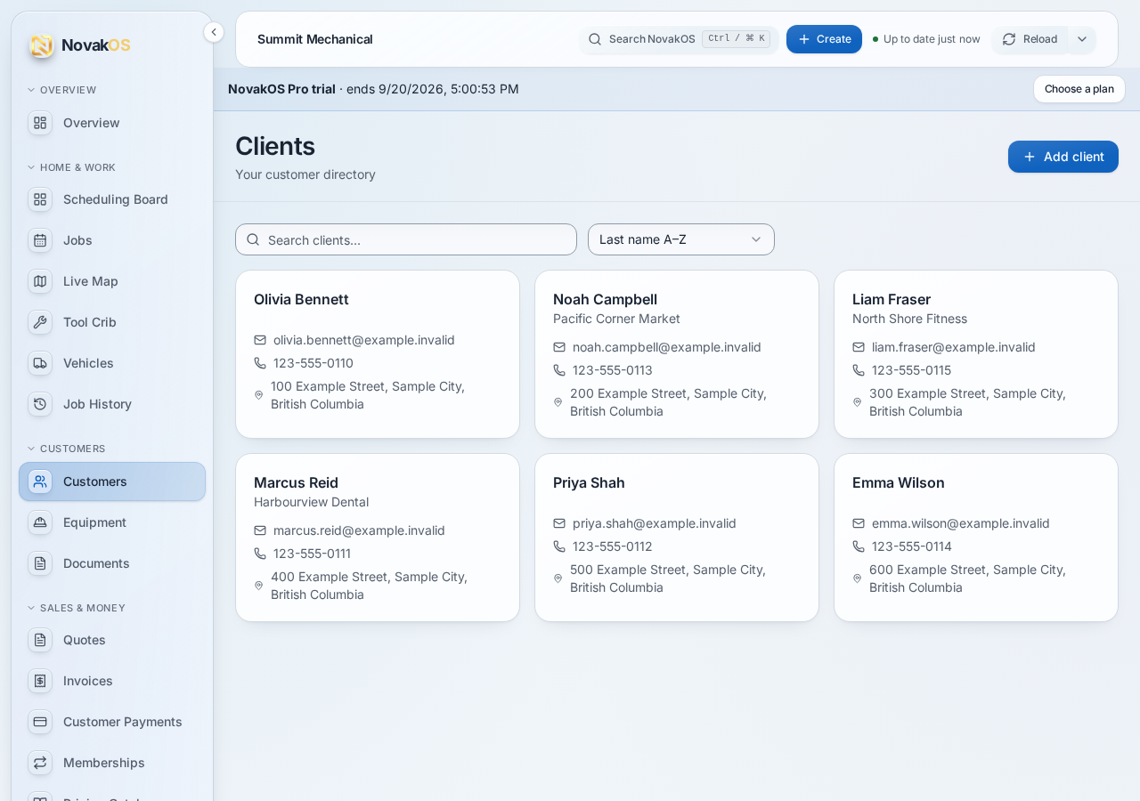 NovakOS customer directory showing fictional demo customers and their service records