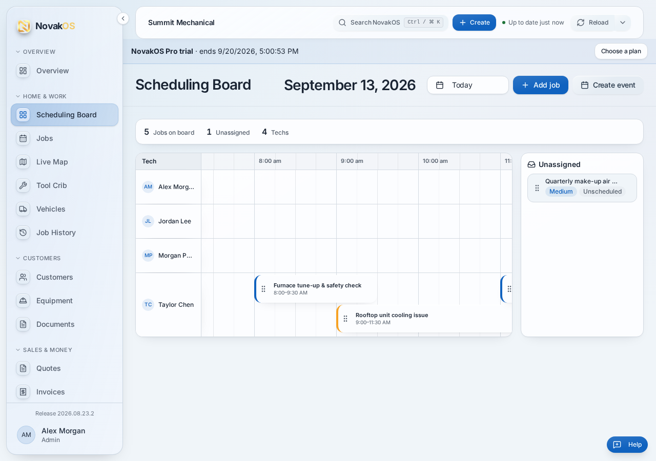 NovakOS Scheduling Board showing technicians, scheduled visits and an unassigned job