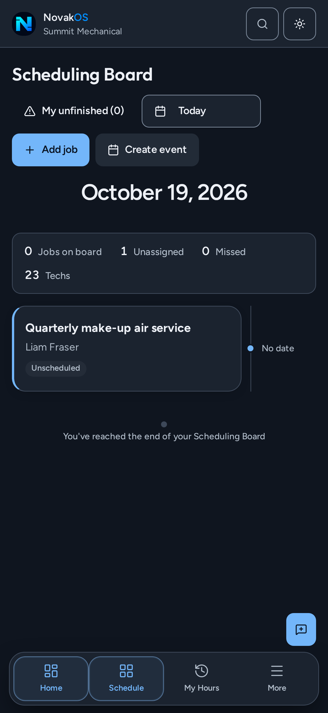 NovakOS on iPhone in dark mode showing the Scheduling Board